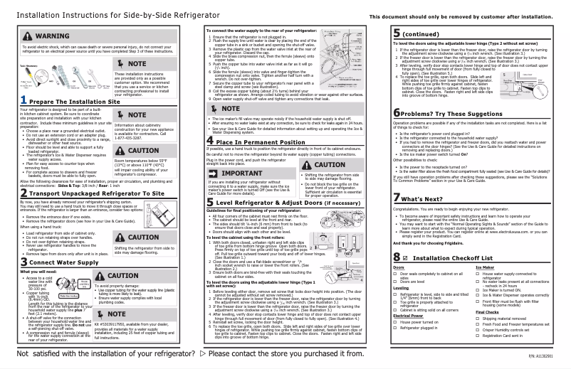 Page n°1 - Guide d'installation Frigidaire FFHX2325TS