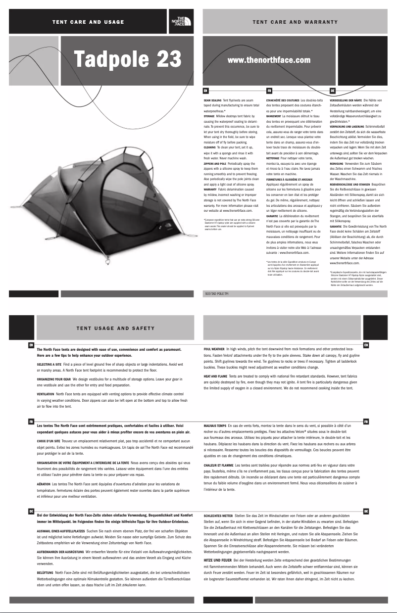 Page n°1 - Manuel utilisateur The North Face Tadpole 23