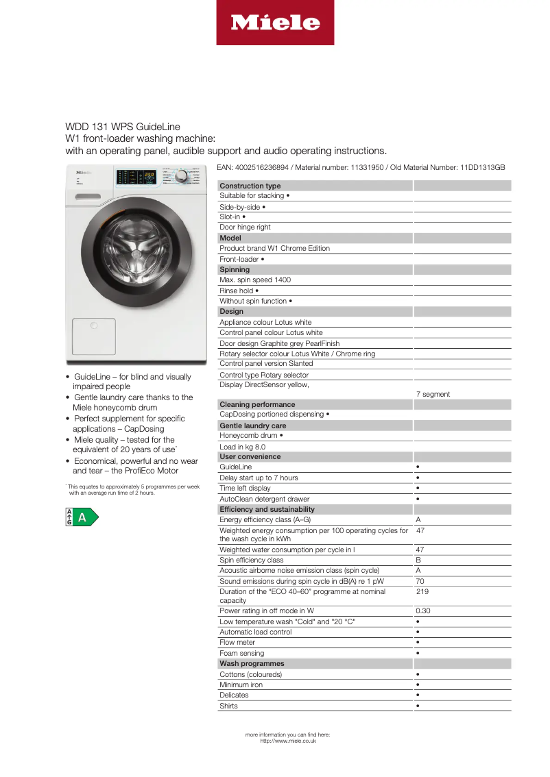 Page n°1 - Fiche technique Miele WDD 131 WPS GuideLine