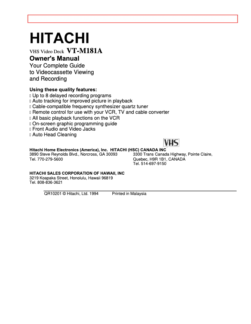 Page 1 de la notice Manuel utilisateur Hitachi VT-M181A