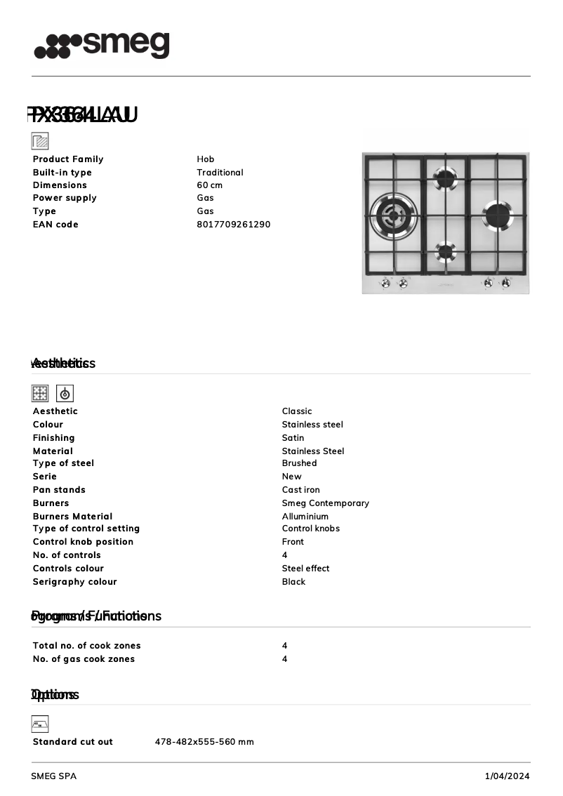 Page 1 de la notice Fiche technique Smeg PX364