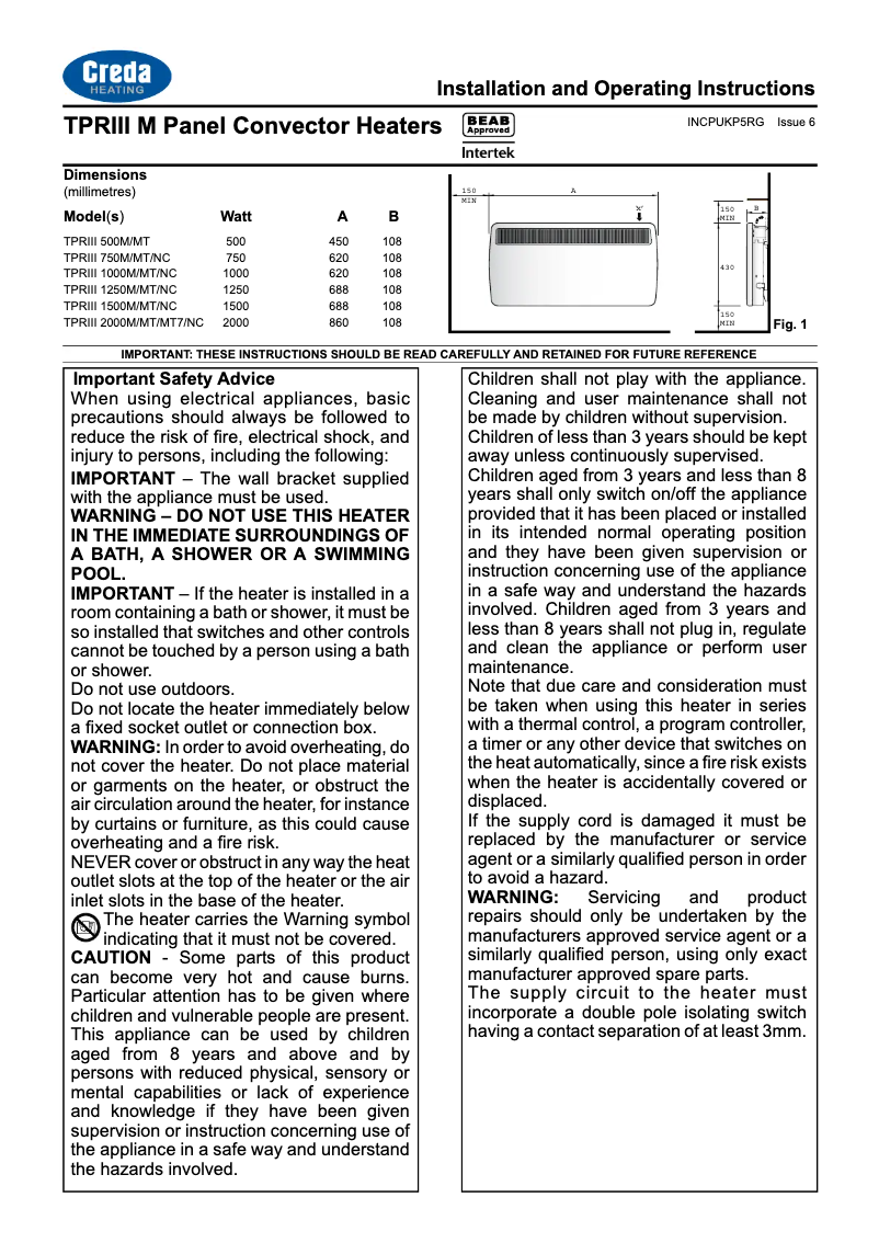 Page 1 de la notice Manuel utilisateur Creda TPRIII 1500M