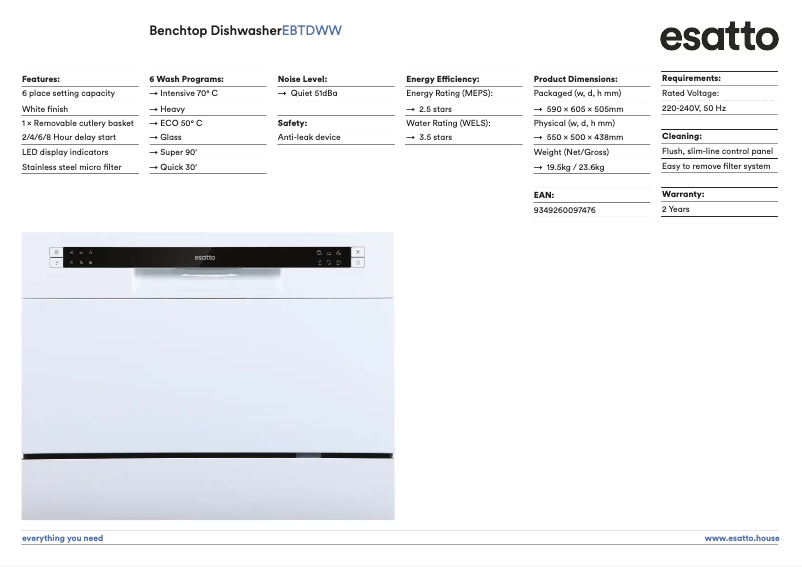 Página 1 del manual Ficha técnica Esatto EBTDWW
