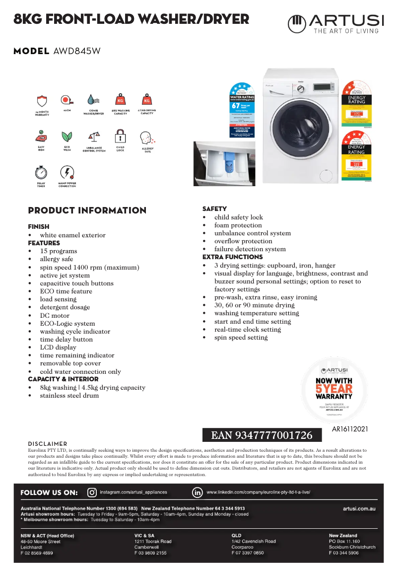 Page 1 de la notice Fiche technique Artusi AWD845W