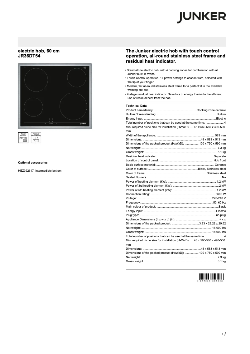 Page 1 de la notice Fiche technique Junker JR36DT54
