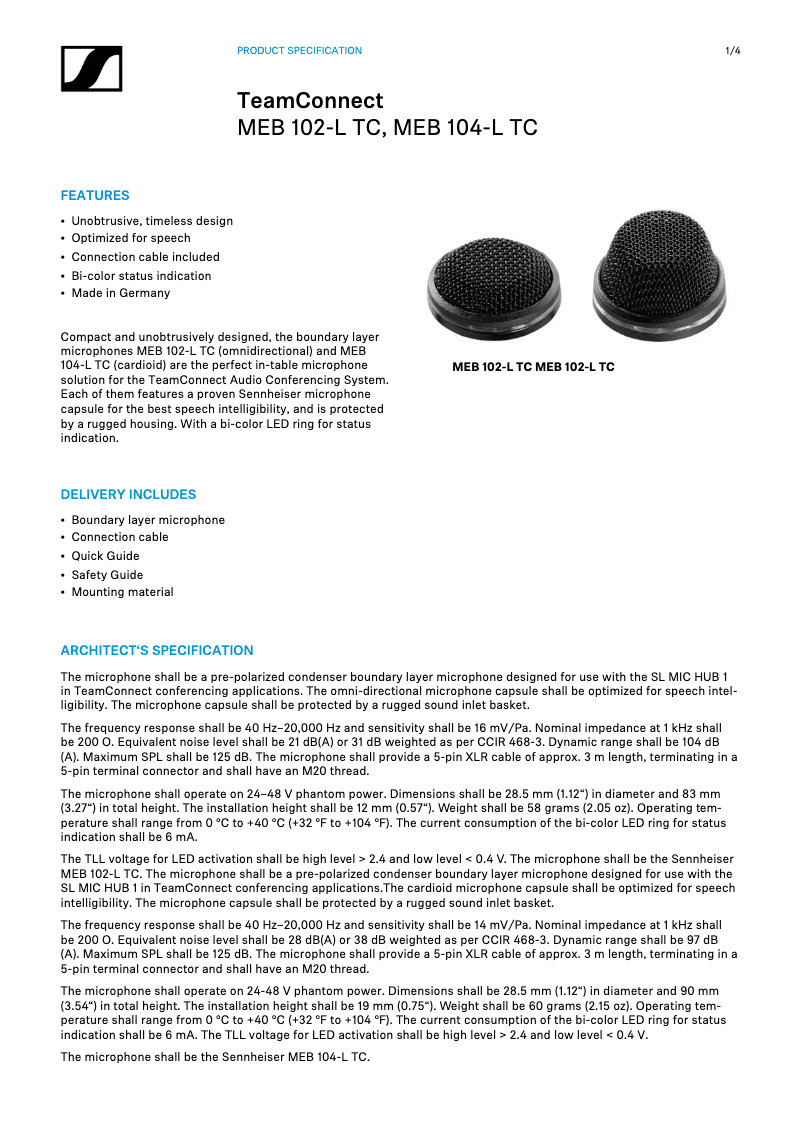 Page n°1 - Fiche technique Sennheiser SL Mic Hub 1