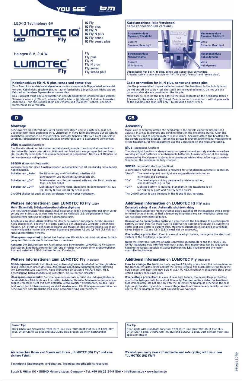 Page 1 de la notice Manuel utilisateur Busch + Müller Lumotec IQ Fly