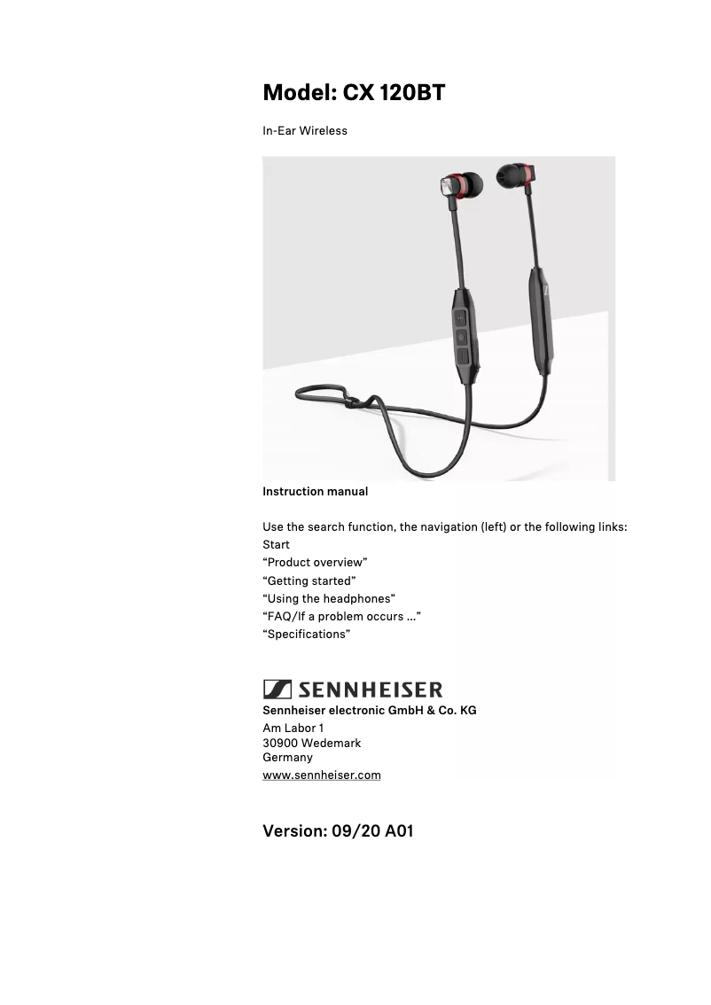 Page 1 de la notice Manuel utilisateur Sennheiser CX 120BT