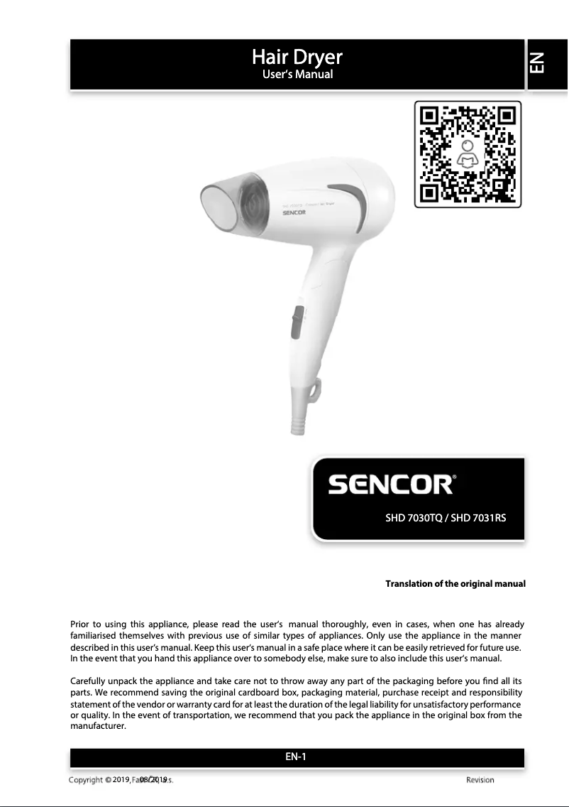 Page 1 de la notice Manuel utilisateur Sencor SHD 7030TQ