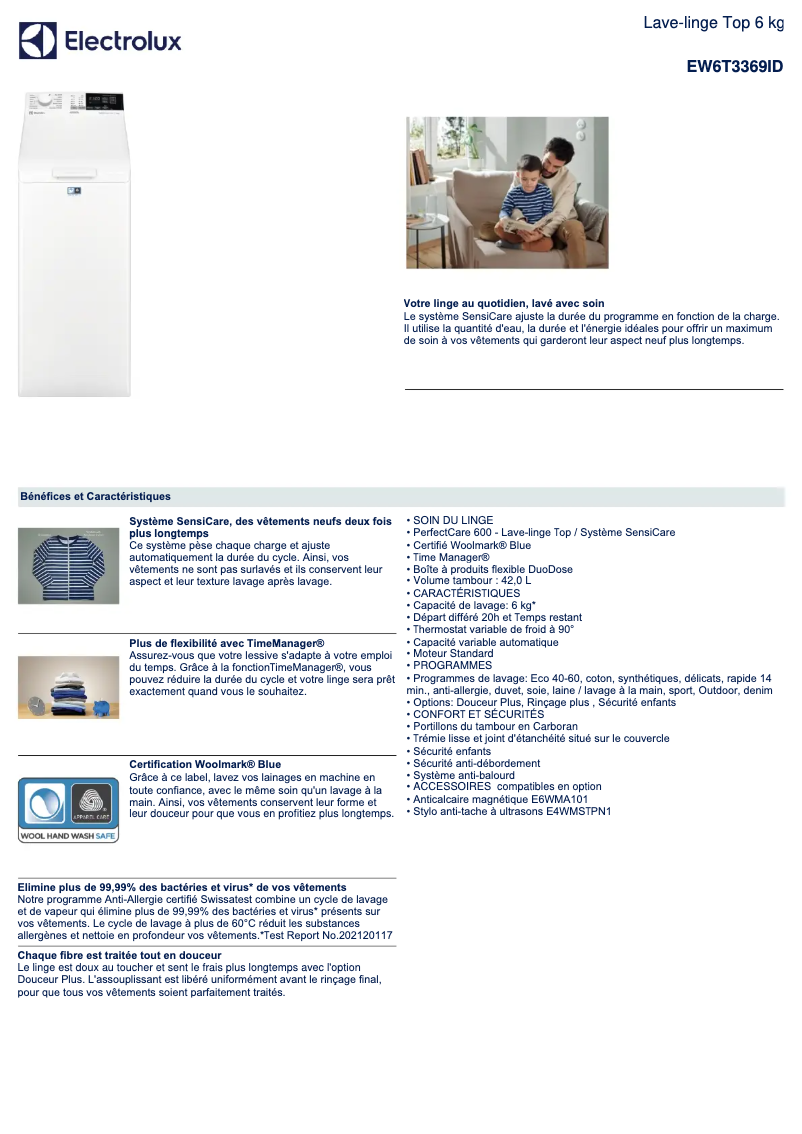 Page 1 de la notice Fiche technique Electrolux EW6T3369ID