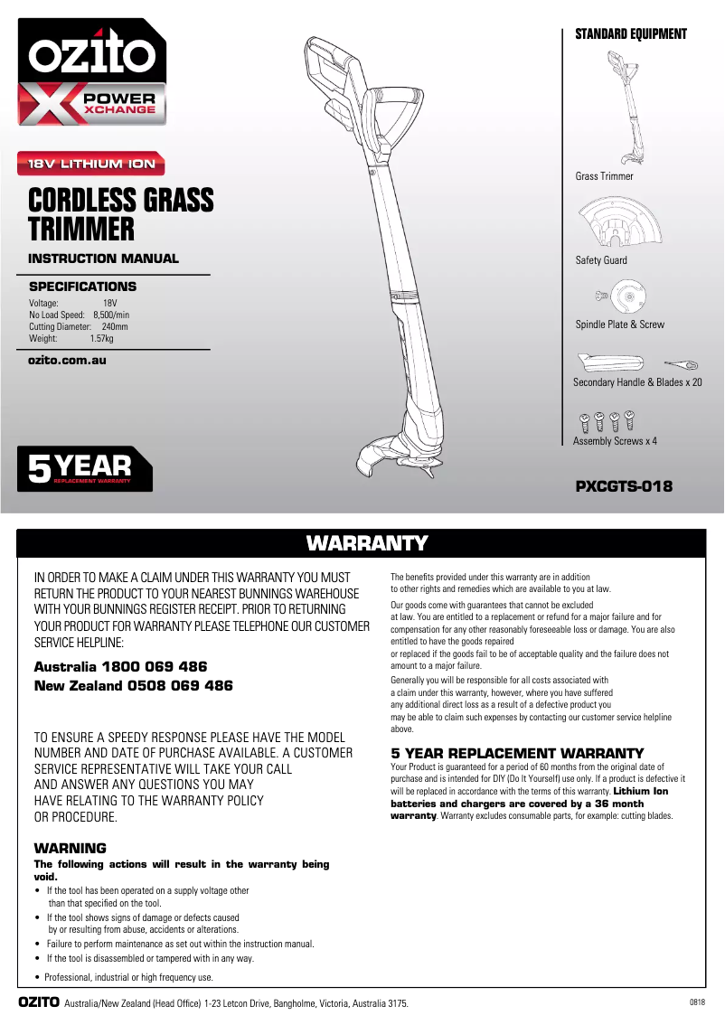 Page 1 de la notice Mode d'emploi Ozito PXCGTK-150