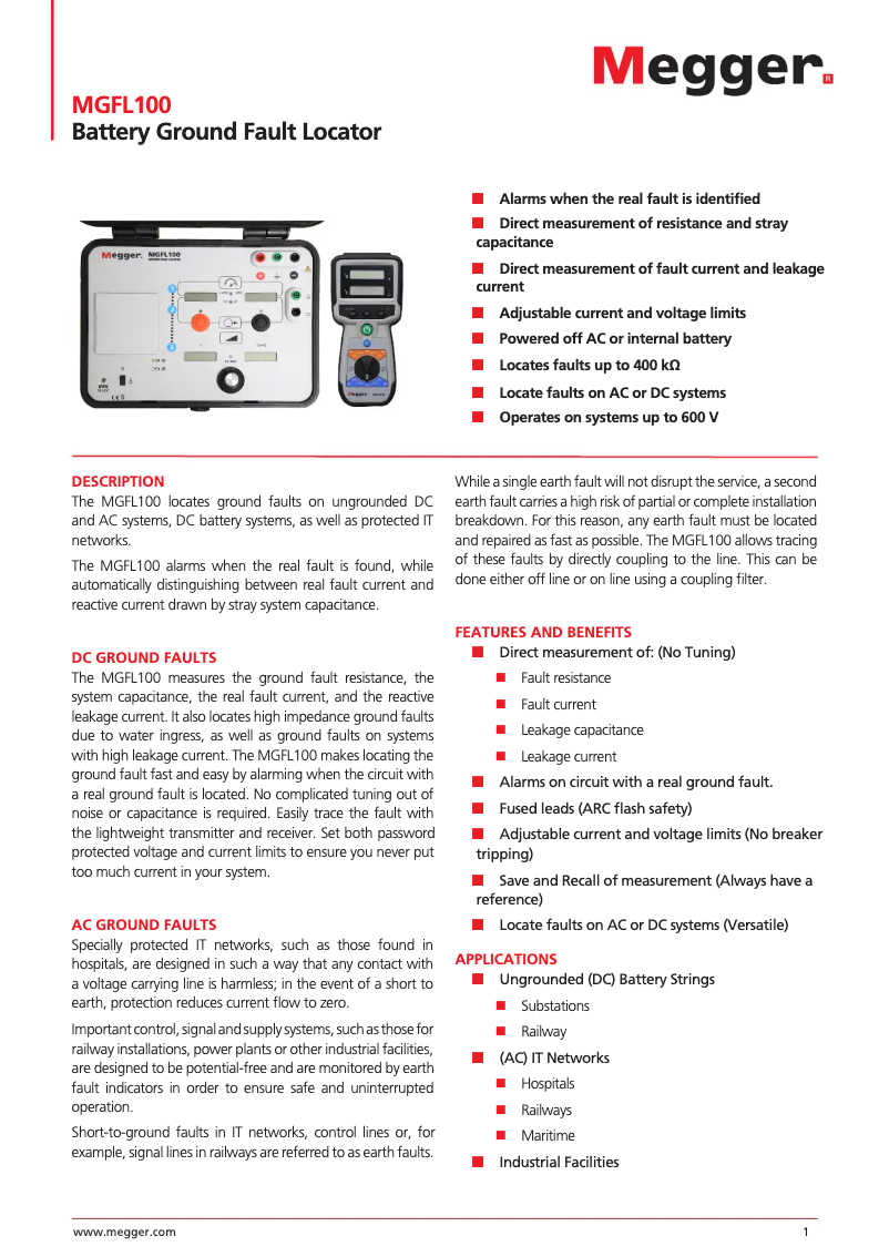 Page 1 de la notice Fiche technique Megger MGFL100