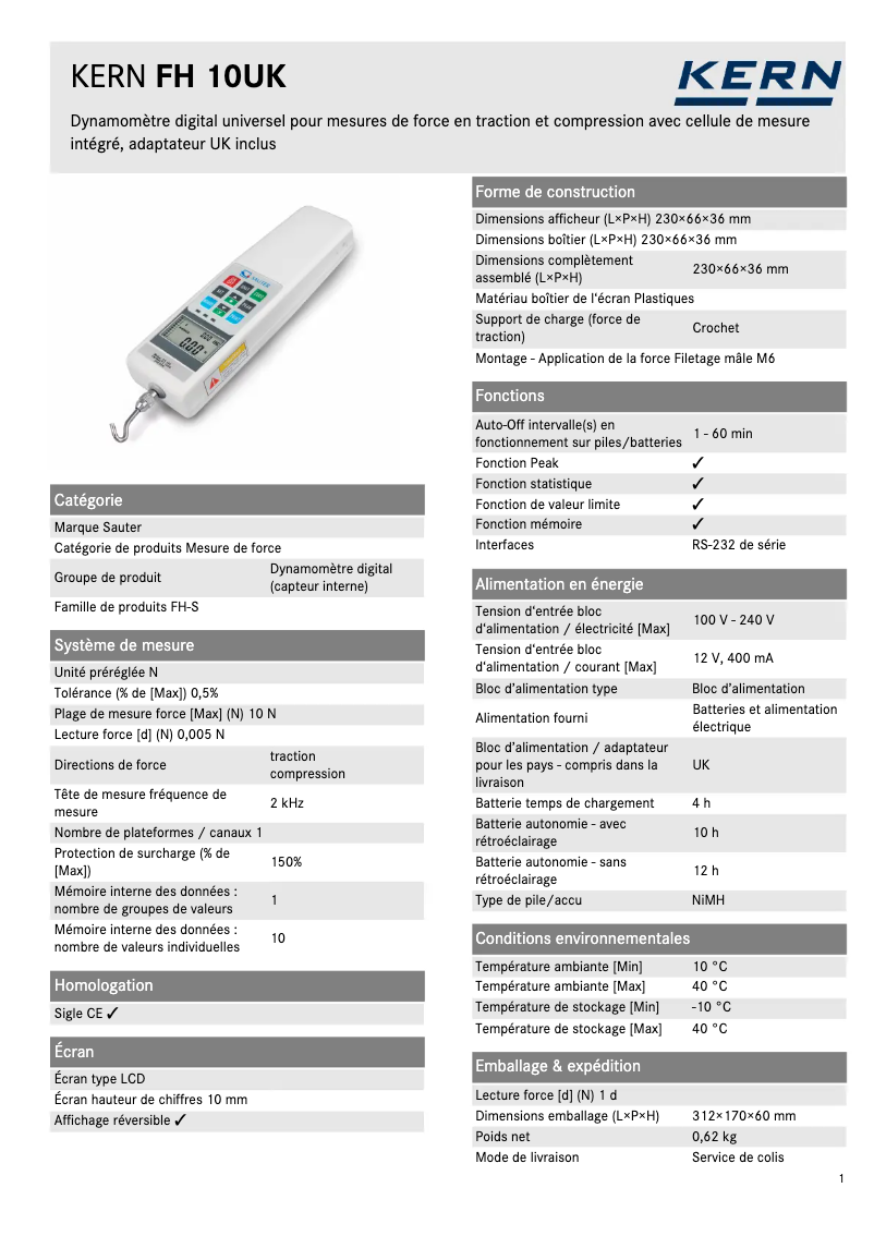 Page 1 de la notice Fiche technique Kern FH 10UK