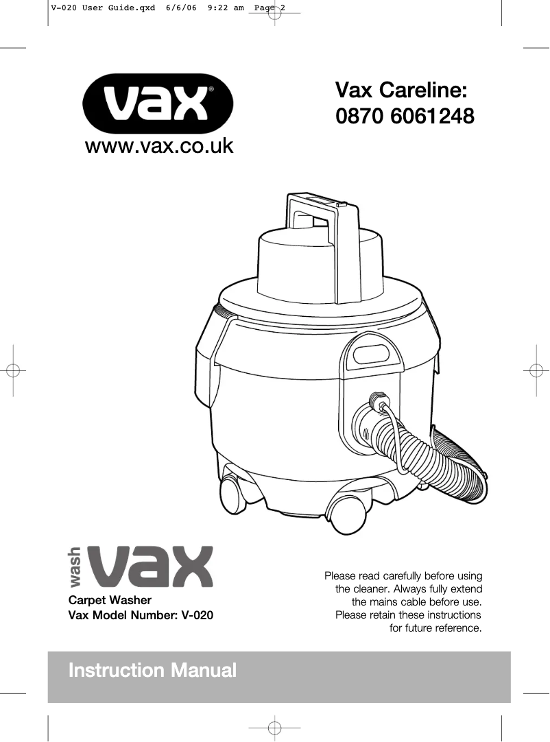 Page 1 de la notice Manuel utilisateur Vax WashSeries V-020PU