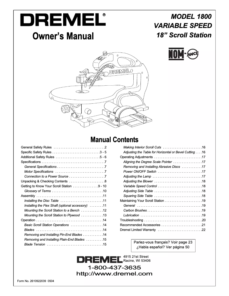 Page 1 de la notice Manuel utilisateur Dremel 1800