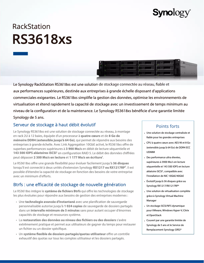 Page 1 de la notice Fiche technique Synology RS3618xs