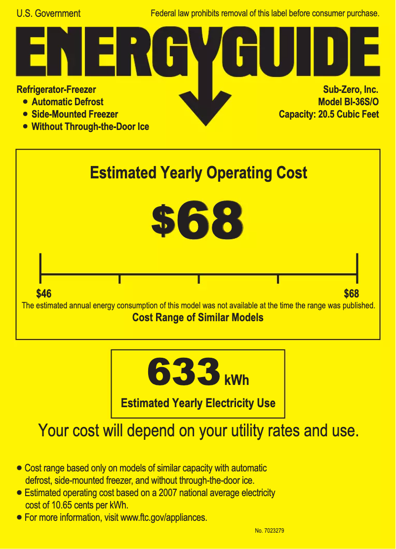 Page 1 de la notice Label énergétique Sub-Zero BI-36S/O
