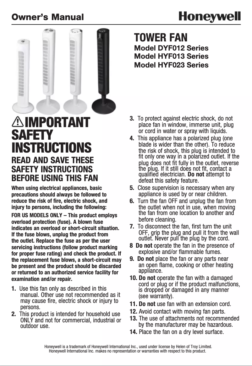 Page n°1 - Manuel utilisateur Honeywell HYF023