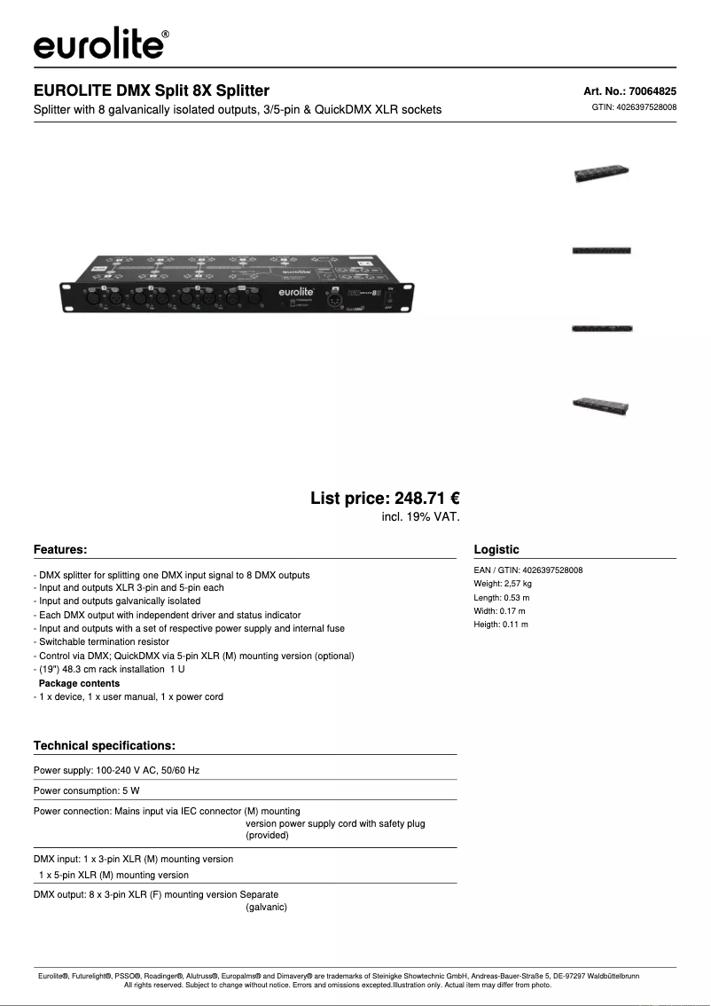 Page 1 de la notice Fiche technique Eurolite DMX Split 8X