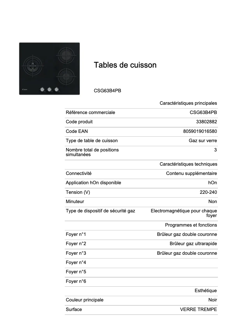 Page n°1 - Fiche technique Candy CSG63B4PB