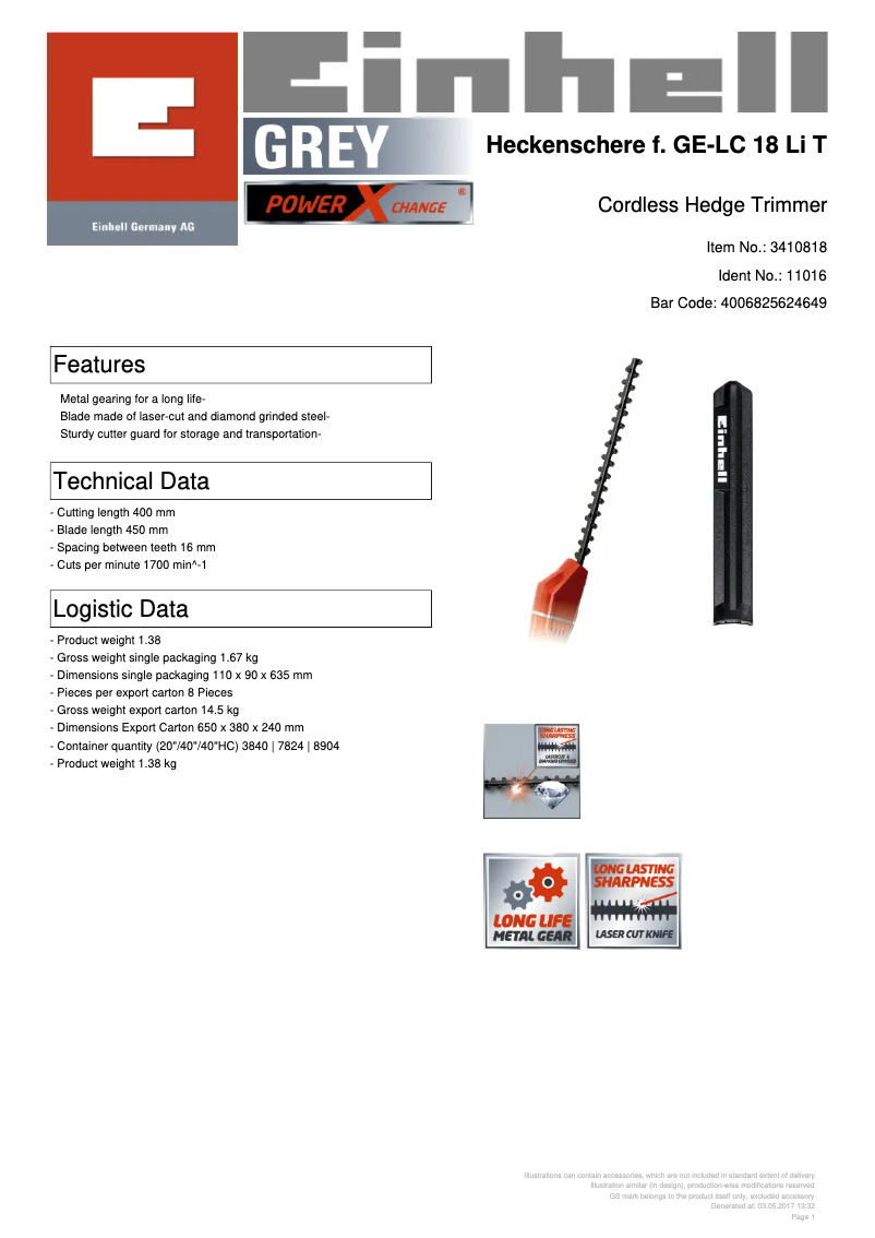 Page 1 de la notice Fiche technique Einhell GE-HH 18 Li T