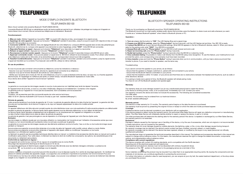 Page 1 de la notice Manuel utilisateur Telefunken BS100
