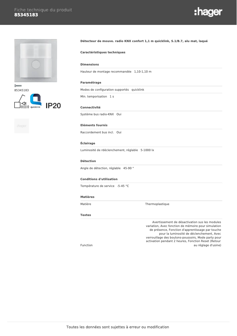 Page 1 de la notice Fiche technique Hager 85345183