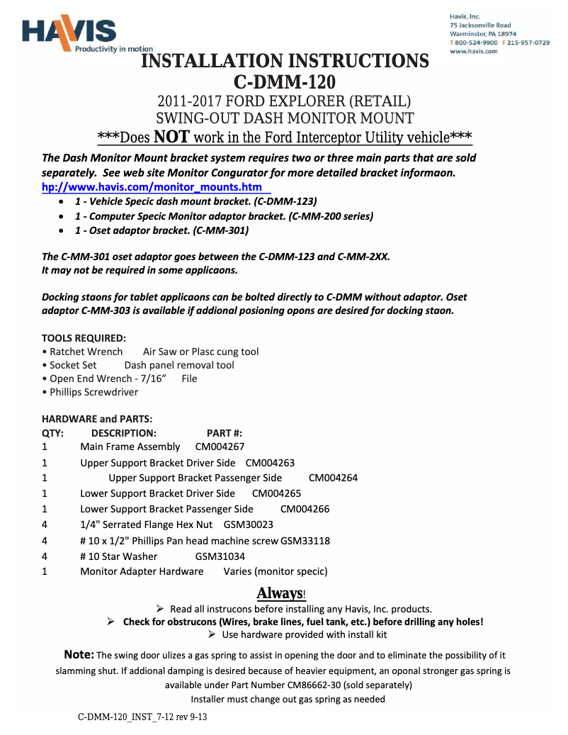 Page 1 de la notice Manuel utilisateur Havis C-DMM-120