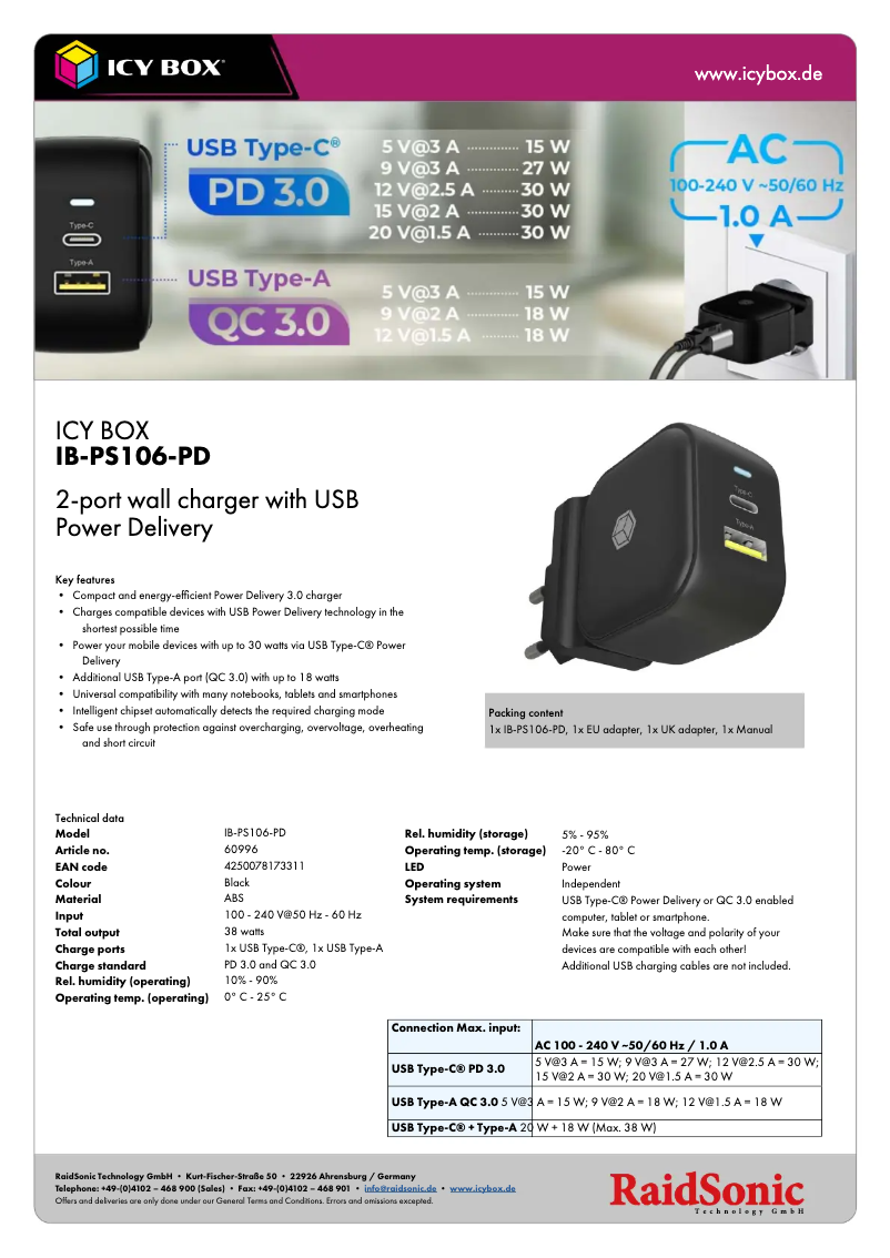 Page 1 de la notice Fiche technique Icy Box IB-PS106-PD