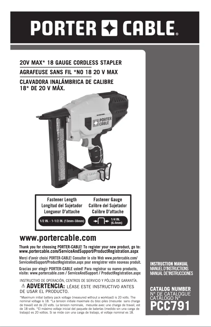Page 1 de la notice Manuel utilisateur Porter-Cable PCC791