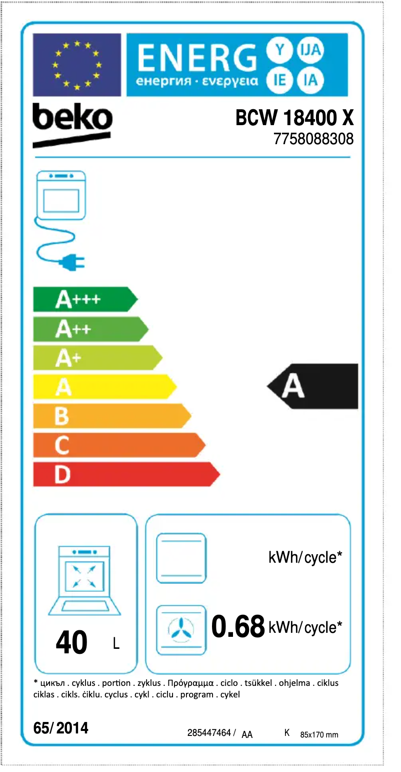 Page 1 de la notice Label énergétique Beko BCW 18400 X