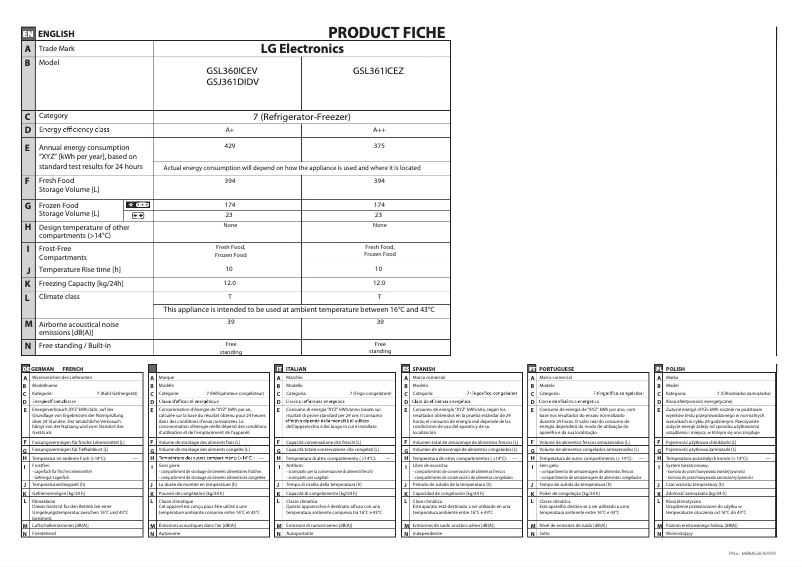 Page 1 de la notice Fiche technique LG GSL361ICEZ