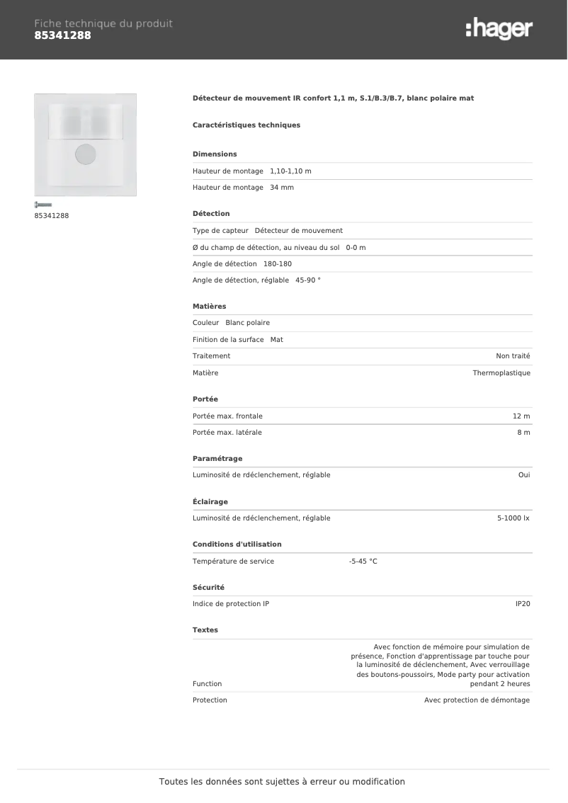 Page 1 de la notice Fiche technique Berker 85341288