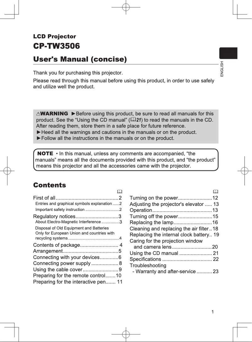 Image de la première page du manuel de l'appareil CP-TW3506