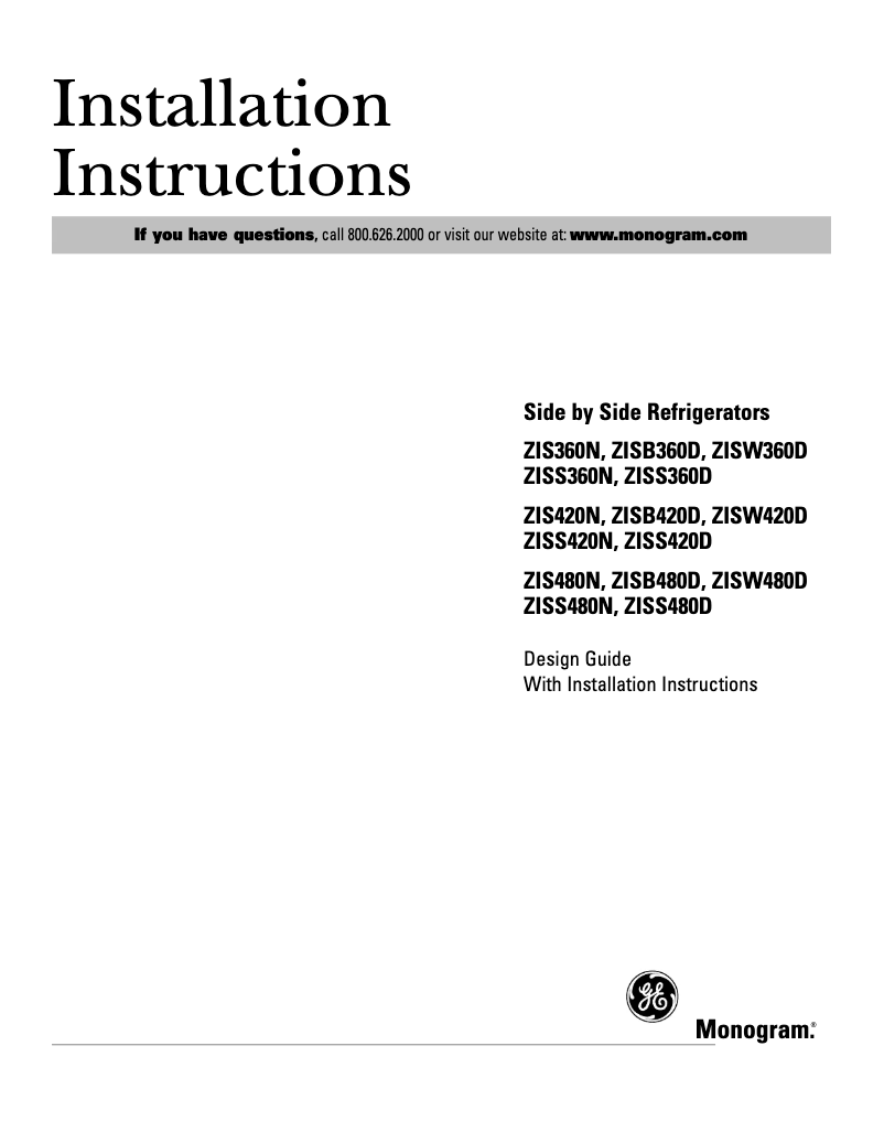 Page 1 of the manual Installation Guide GE ZISS420DMSS