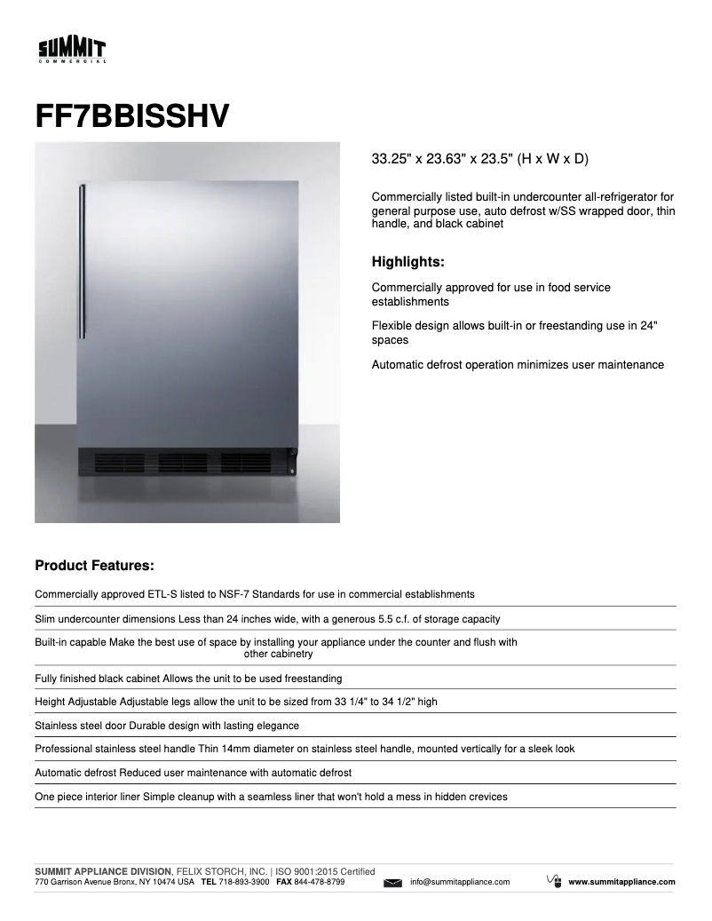 Page 1 de la notice Fiche technique Summit FF7BBISSHV