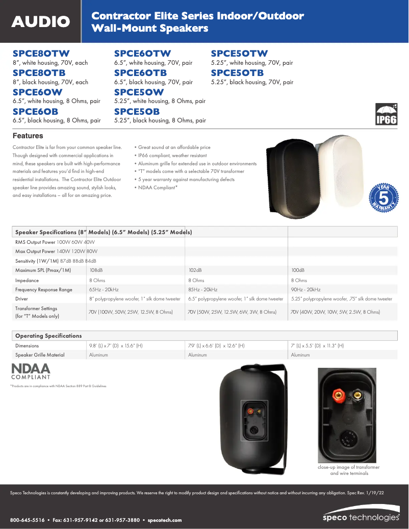 Page 1 de la notice Fiche technique Speco Technologies SPCE5OTW