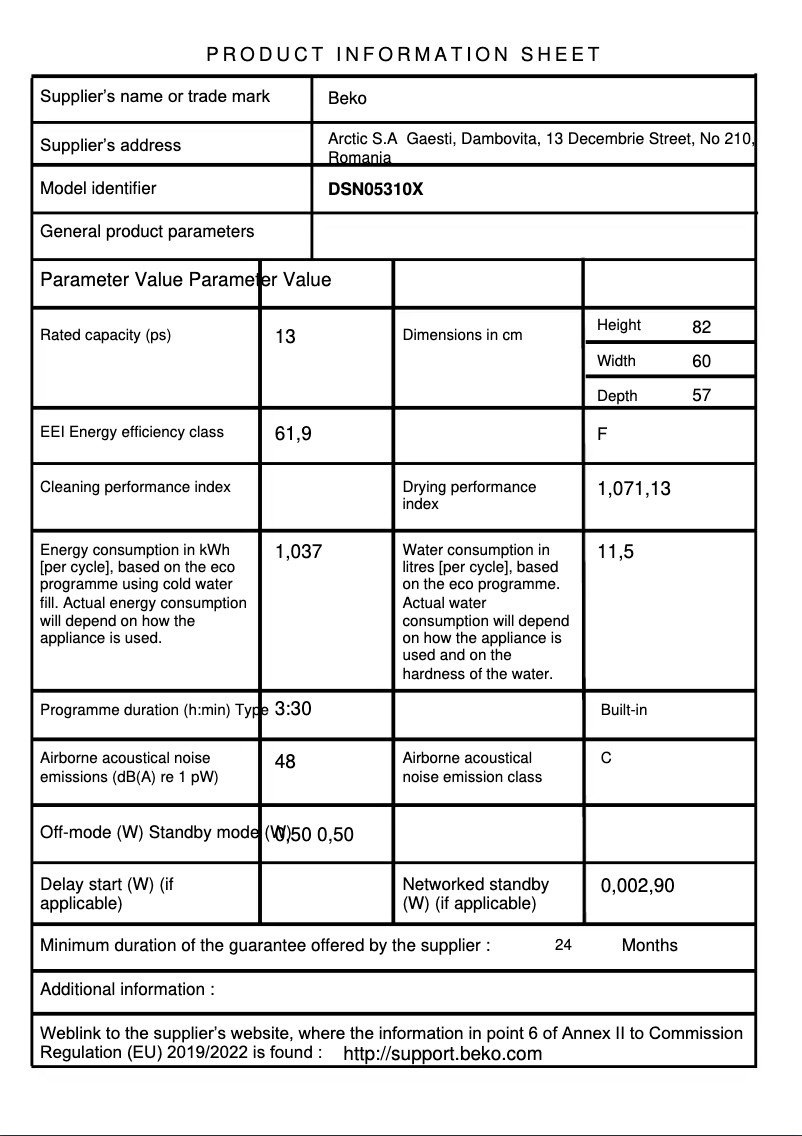 Page 1 de la notice Fiche technique Beko DSN05310X
