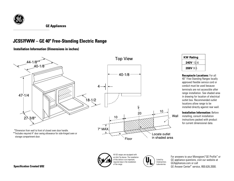 Page 1 of the manual Technical Sheet GE JCS57FWW