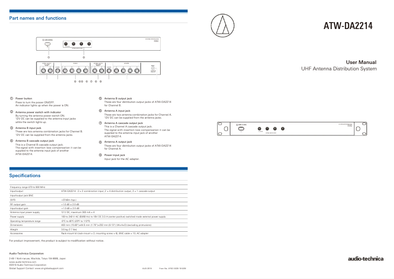 Page 1 de la notice Manuel utilisateur Audio-Technica ATW-DA2214