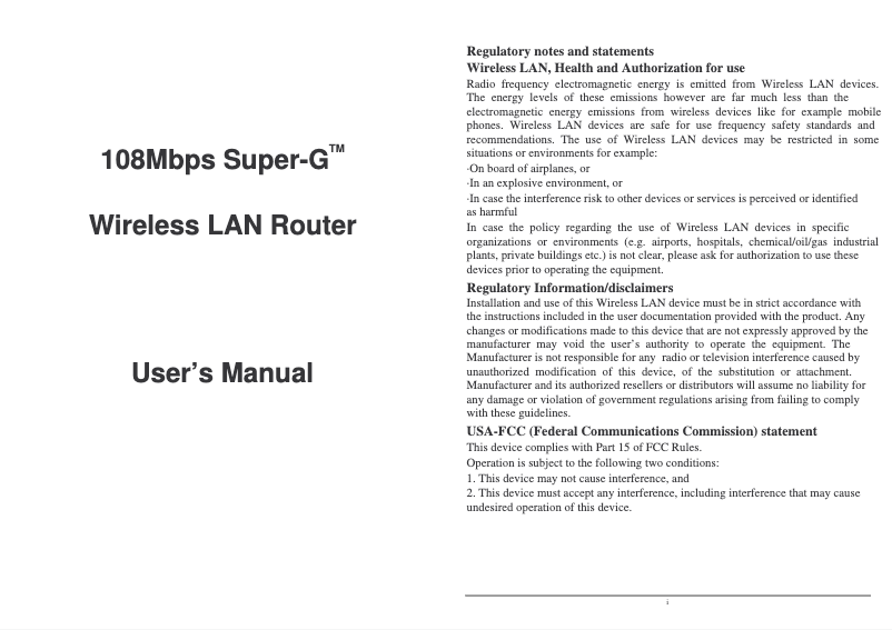 Image de la première page du manuel de l'appareil 108Mbps Super-G