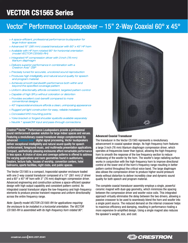 Image de la première page du manuel de l'appareil Vector CS1565-RH