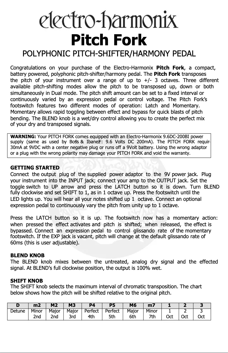 Page n°1 - Manuel utilisateur Electro Harmonix Pitch Fork