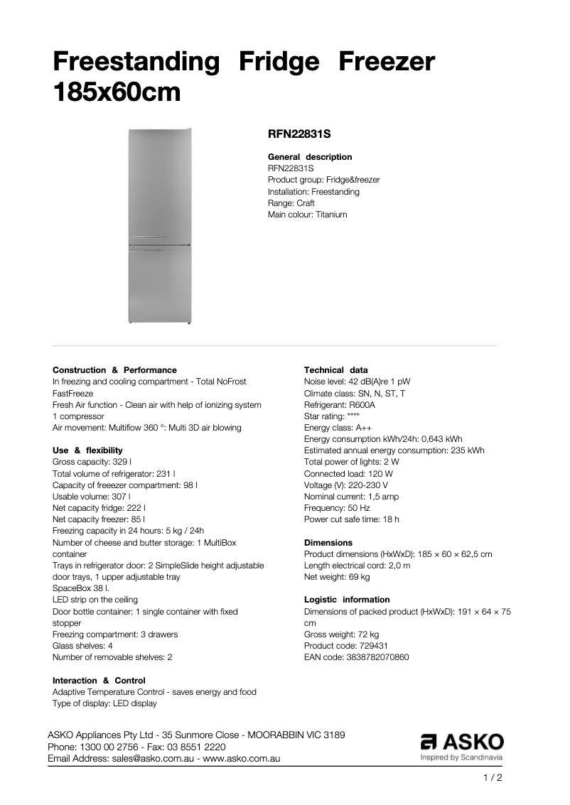 Page 1 de la notice Fiche technique Asko RFN22831S