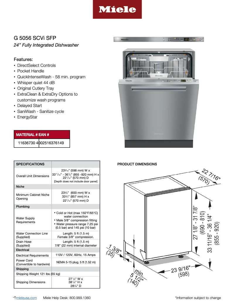 Page n°1 - Fiche technique Miele G 5056 SCVi SFP