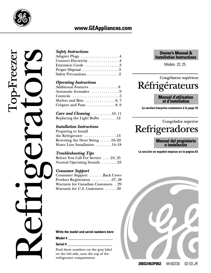 Page n°1 - Manuel d'utilisation et d'entretien GE GTS22FBMCC