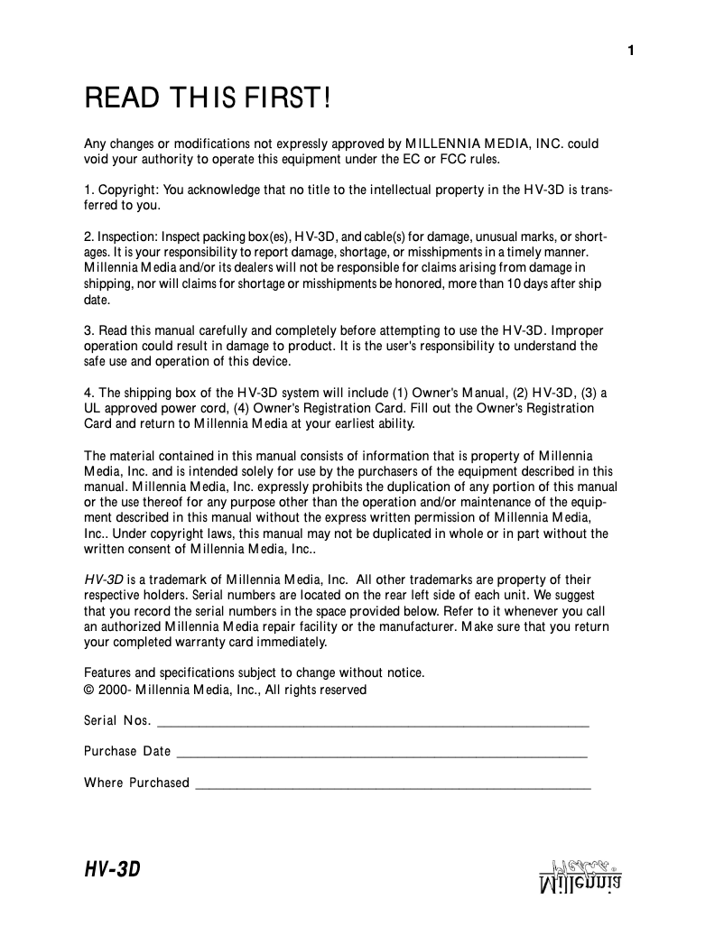 Image de la première page du manuel de l'appareil HV-3D