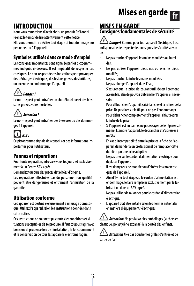 Page 1 de la notice Manuel utilisateur DeLonghi AC100