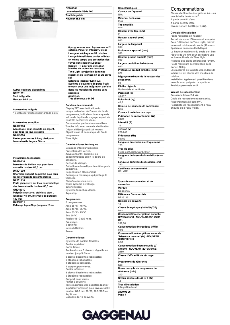 Page n°1 - Fiche technique Gaggenau DF261261