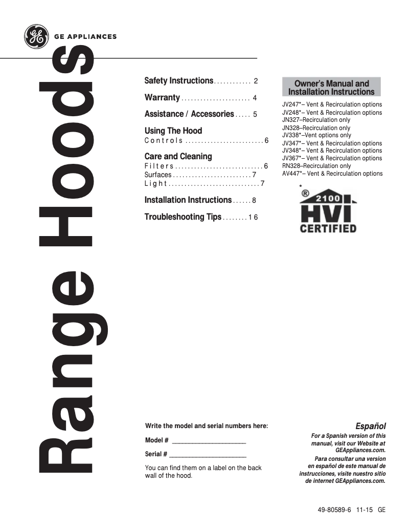 Page 1 de la notice Manuel d'utilisation et d'entretien GE Artistry AV447FBS